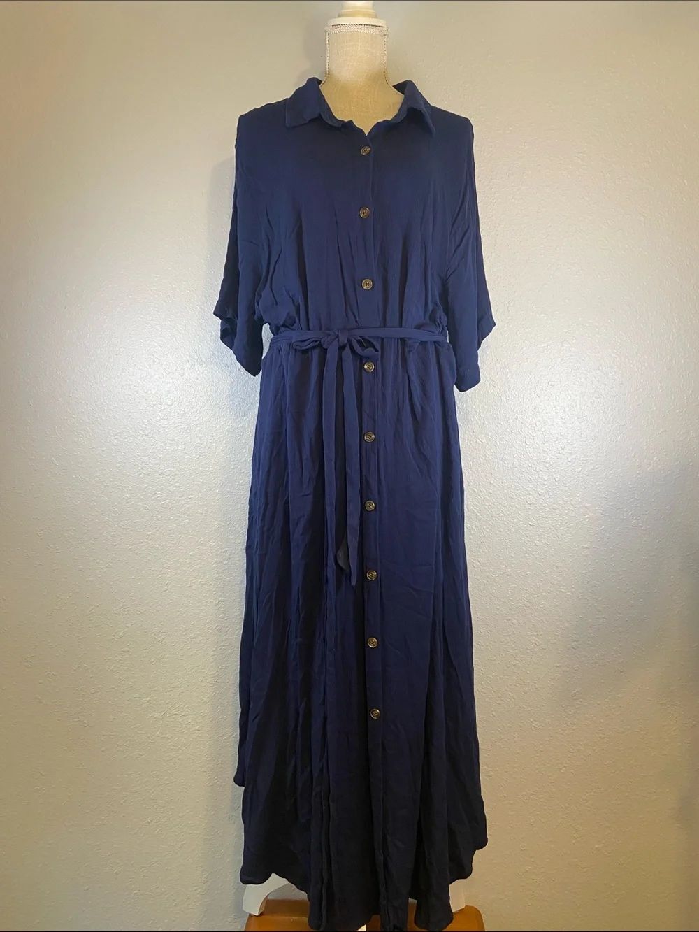 BloomChic Navy Blue Retro Vintage Style Shirt Collar Belted Maxi Dress Size 22